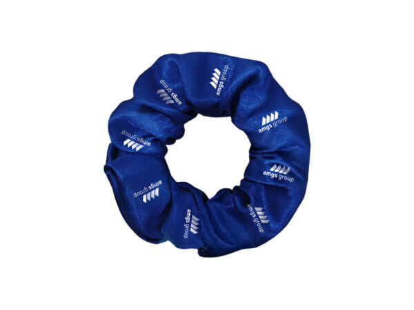 Custom Scrunchie with Logo. AMGS Group custom satin scrunchie, navy blue, full-color sublimation logo for corporate merchandise — contact us for a quote.