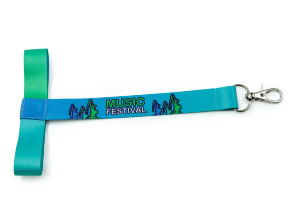 Sublimated cup holder lanyard with music festival logo in green and blue design.