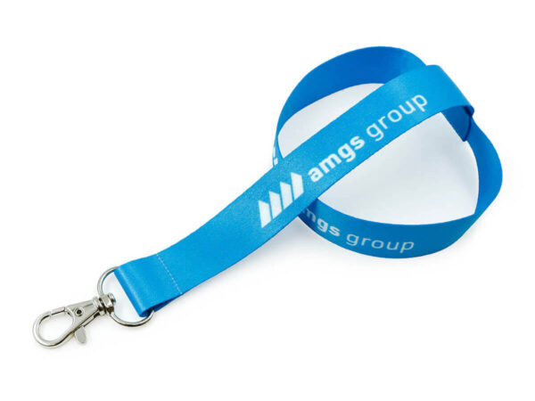 Custom blue cup holder lanyard with printed AMGS Group logo and metal hook.