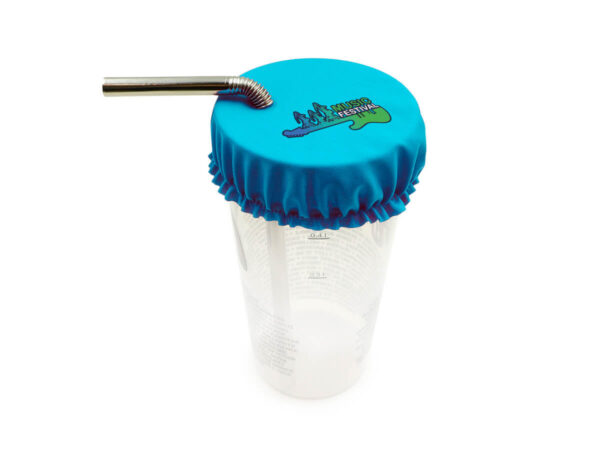 Custom Drink Cover with Logo. Branded elastic drink cover in blue with a music festival logo and a metal straw.