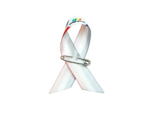 White and red satin awareness ribbon pin with custom logo print, one-side printed, manufacturer AMGS Group.