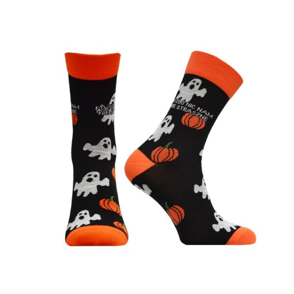 Custom woven socks. Personalized promotional socks with graphics. Woven socks with a Halloween motif. Woven pumpkins on a black background. Available from amgs group.