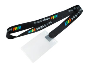 A promotional lanyard designed without any metal parts, featuring direct attachment of the holder via slits in the fabric.