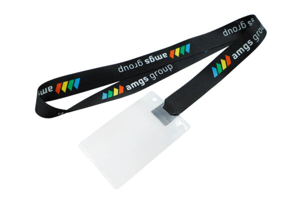 A promotional lanyard designed without any metal parts, featuring direct attachment of the holder via slits in the fabric.