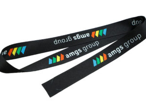Custom rPET Lanyard strap for ID badges. Hookless r-PET Lanyard with Custom Logo. An event lanyard made from r-PET material coiled into a loop to showcase the print quality and fabric flexibility.