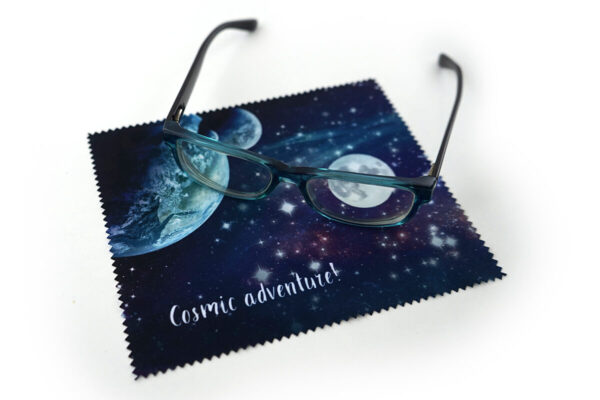 Personalized 15×18 cm microfiber cloth with cosmic print – full-colour sublimation and long-lasting quality by AMGS Group.