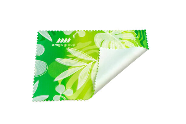Green rPET cloth 10×15 cm with double-sided print – certified quality from AMGS Group.