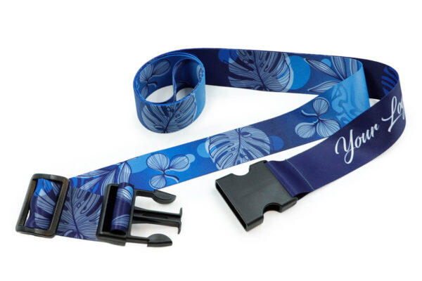 Durable luggage belt unbuckled, showcasing the adjustable strap and the detailed, full-sublimation blue pattern.