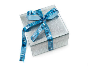 Silver corporate gift box tied with a blue, full-sublimation satin ribbon (Design 1). Produced by AMGS Group.