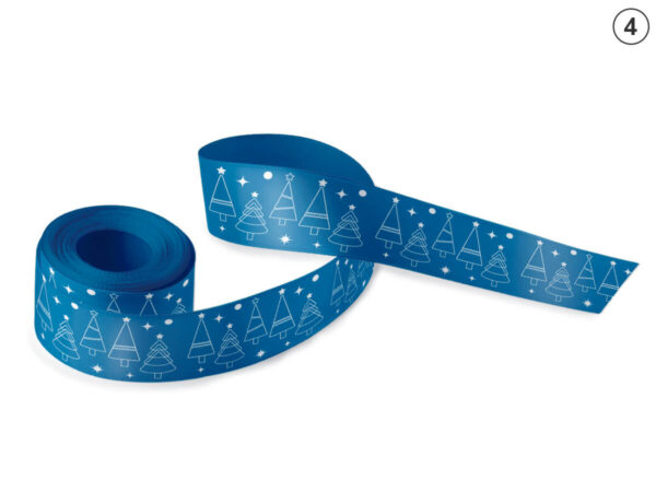 Navy blue double-sided satin ribbon with an elegant white pattern of trees and stars (Design 10). Classic branding for company giveaways. Manufacturer AMGS Group.