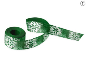 Green double-sided sublimation decorative ribbon with large, white snowflakes (Design 7). An ideal choice for holiday branding of business gifts. Manufacturer AMGS Group.