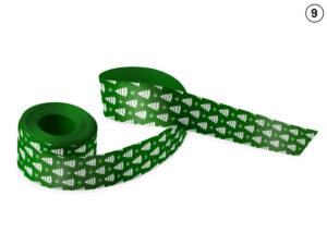Forest green double-sided satin ribbon with a dense white pattern of trees and snowflakes (Design 9). Perfect for brand image building in B2B holiday marketing. Manufacturer AMGS Group.