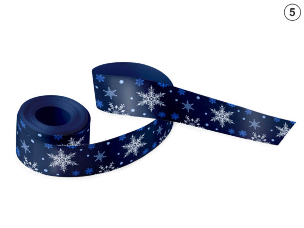 Navy blue double-sided satin ribbon with large and small white snowflakes (Design 5). A classic and elegant winter motif for corporate gifts. Manufacturer AMGS Group.