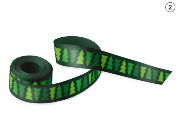 Green double-sided sublimation satin ribbon with a geometric tree pattern (Design 2). A stylish addition to corporate packaging. Manufacturer AMGS Group.