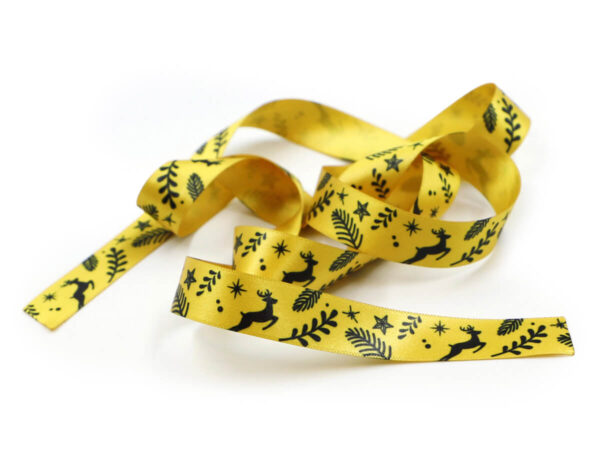Loosely arranged double-sided sublimation satin ribbon with a yellow reindeer pattern (Design 3). Ideal for corporate gifts from AMGS Group.