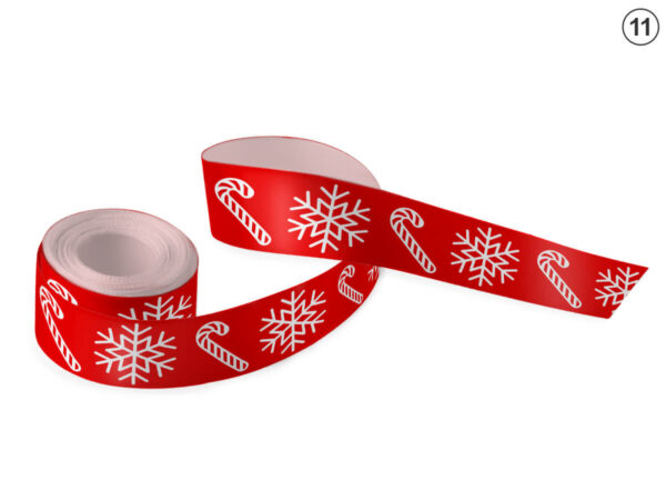 Red sublimation ribbon featuring a pattern of candy canes and snowflakes (Design 11). Perfect for client and employee gift packages. Manufacturer AMGS Group.