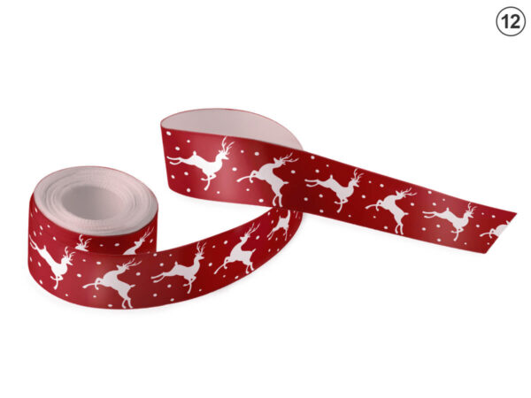 Red satin ribbon with white running reindeer and polka dots (Design 12). A dynamic, festive motif for corporate packaging. Manufacturer AMGS Group.