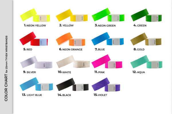 Color chart for 25mm Tyvek wristbands shown on rolls. Full palette of 15 colors for wide event bands. Manufacturer AMGS Group.
