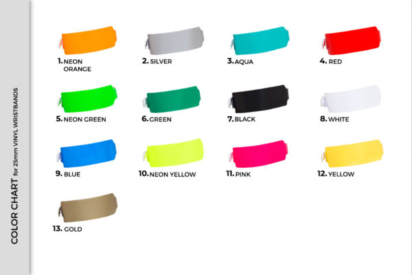 Color chart for 25mm wide vinyl wristbands. Display of 13 available colors for L-shape identification bands with extra print space. Manufacturer AMGS Group.